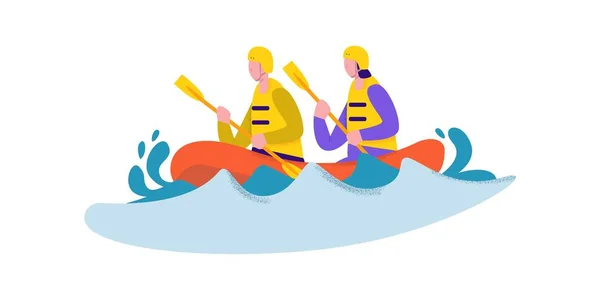 Actief paar in veiligheidspak en helm genieten van rafting vector platte illustratie — Stockvector