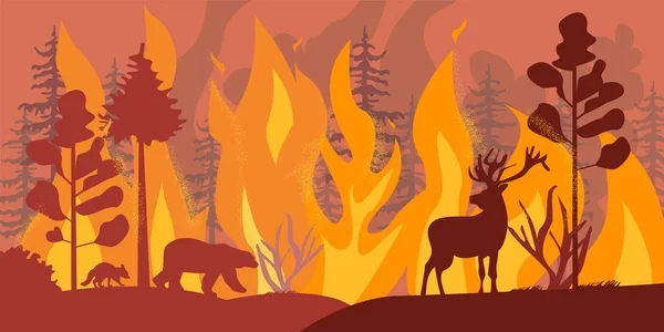 Silhouettes of wild animals at fire forest vector flat illustration — Stockvektor