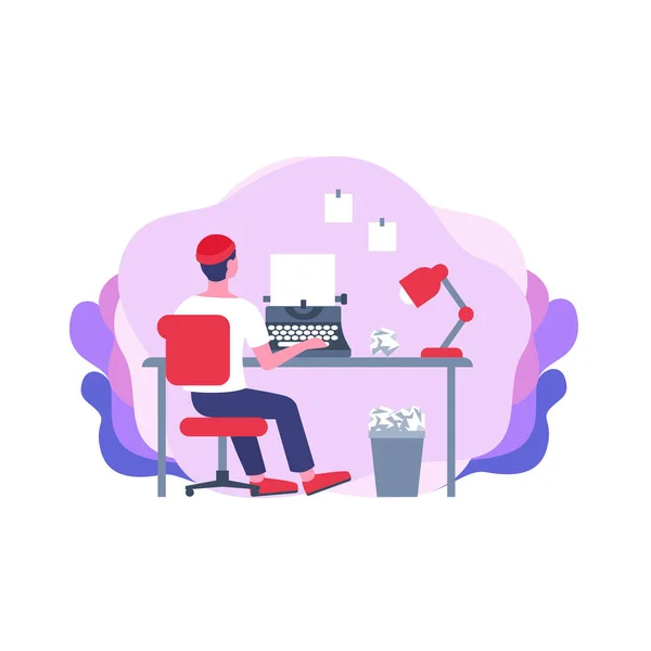 Back view cartoon male ghostwriter working sitting on table typing on paper using typewriter — Stock Vector
