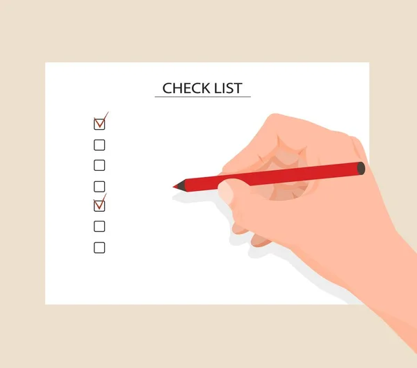 Cartoon human hand holding pen marking checkboxes on checklist vector graphic illustration — Stock vektor