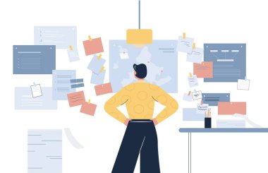 Cartoon male looking at wall with many notes of work plan back view vector flat illustration