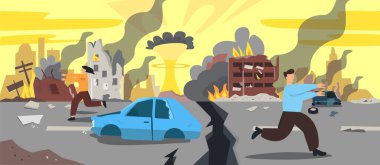 Doomsday city apocalyptic ruins cartoon vector illustration. Damage buildings and explosion