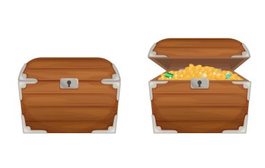 Two magic cartoon wooden open and closed chest vector flat illustration