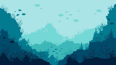 Realistic underwater background bottom of the ocean with swimming fish and corals