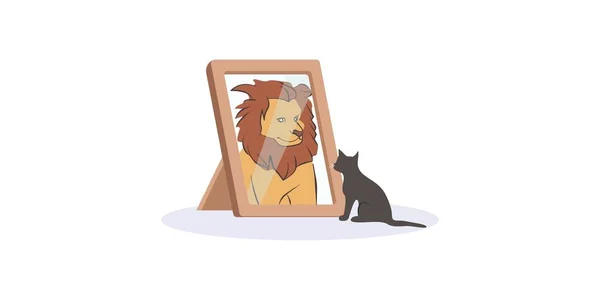 Small black cat looking herself at mirror as huge fierce lion vector graphic illustration — Stock Vector