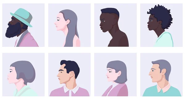 Set of different cartoon woman and man face side view vector flat illustration — 图库矢量图片