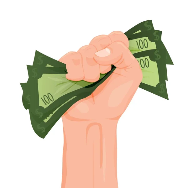 Cartoon human hand gripping banknote money tight vector graphic illustration — Stok Vektör