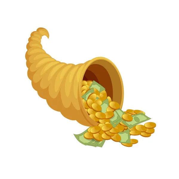 Cartoon mythical cornucopia overflowing with cash money and coins vector graphic illustration — 스톡 벡터