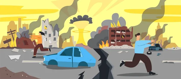 Doomsday city apocalyptic ruins cartoon vector illustration. Damage buildings and explosion — Stockvektor
