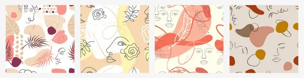 Set of different colorful abstract face and flowers seamless pattern vector flat illustration — Stok Vektör