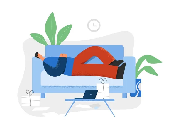Homme paresseux allongé sur le canapé devant un ordinateur portable et un tas de documents — Image vectorielle