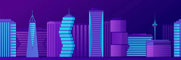 Seamless night modern city neon panorama vector flat illustration — Stock Vector