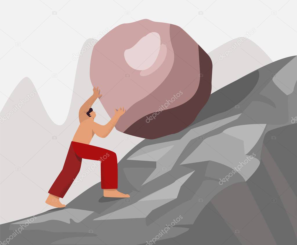 Barefoot strong guy climb up rock carry move to goal vector flat illustration