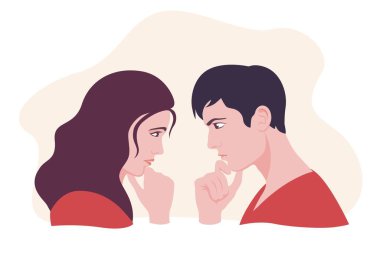 Kadın ve erkek yüzü birbirine bakıyor ve vektör düz çizim düşünüyor.