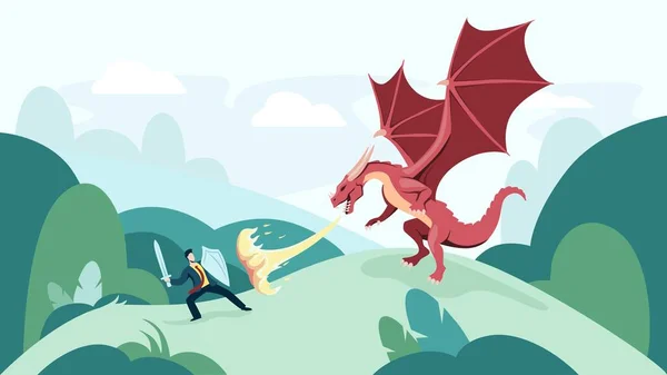 Empresário dos desenhos animados combatendo fogo respirando dragão vetor ilustração gráfica —  Vetores de Stock