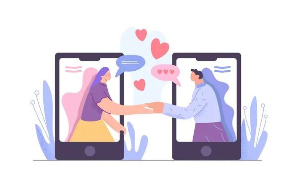 Γελοιογραφία άνθρωπος και γυναίκα κρατώντας τα χέρια συνάντηση σε χρονολόγηση app διάνυσμα επίπεδη απεικόνιση — Διανυσματικό Αρχείο