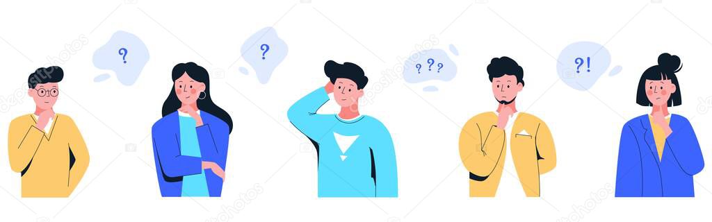 Set cartoon people think with question mark in thought bubble isolated on white background
