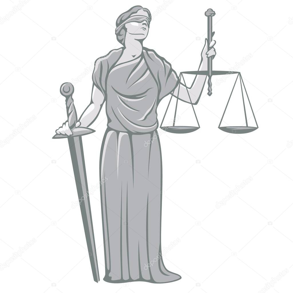 Cartoon goddess Themis holding sword of justice and weights by hands vector illustration