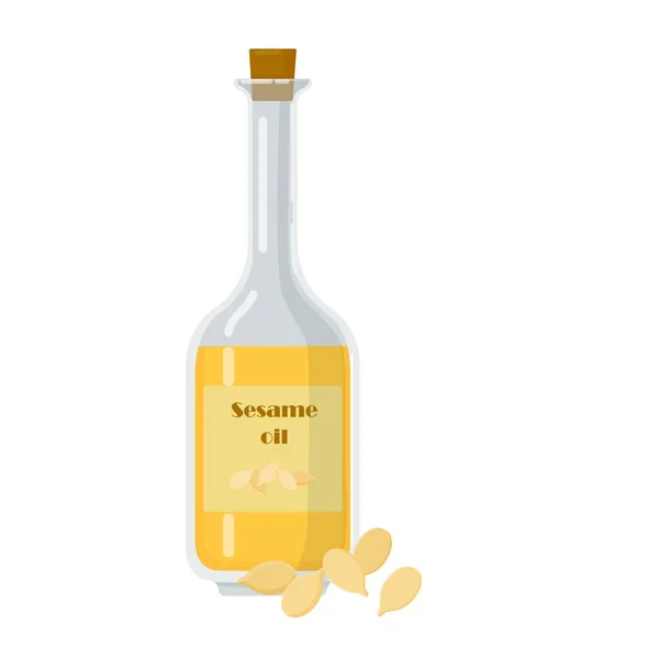 Olio di sesamo in bottiglia di vetro con semi . — Vettoriale Stock