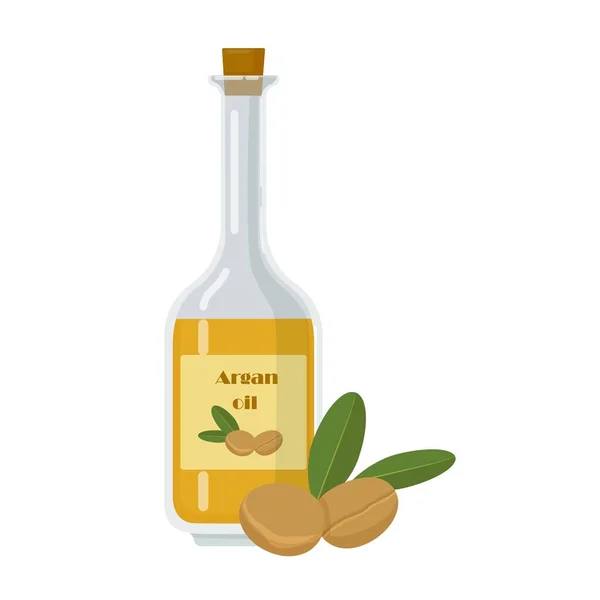 Arganový olej láhev nebo sklenice a ovoce s listem. — Stockový vektor
