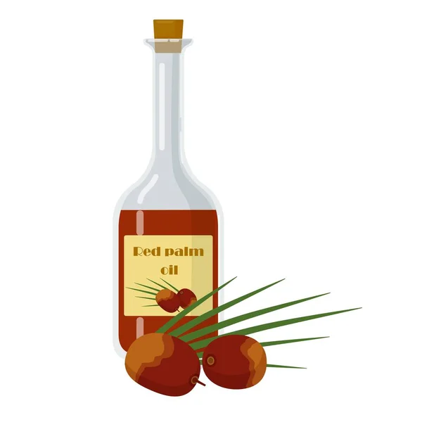 Olio di palma rosso in bottiglia di vetro con nocciolo e foglia . — Vettoriale Stock