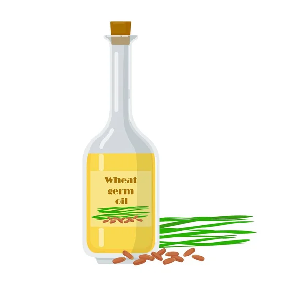 Wheat germ oil in glass bottle with natural ingredient. — Stock Vector