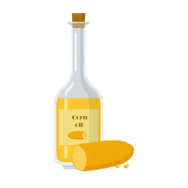 Butelka szklana z olejem kukurydzianym i dojrzałą kolbą. — Wektor stockowy
