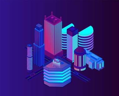 Modern ve fütüristik mimarisi olan neon şehir.