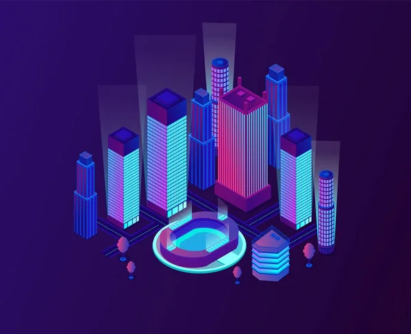 Gökdelenleri ve aydınlatılmış stadyumu olan şehir manzarası.