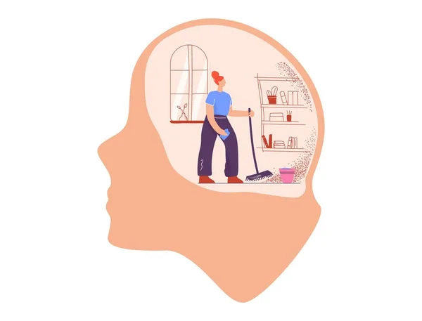 Мультфильм домохозяйка со шваброй и тряпкой чистят комнату внутри гигантской плоской головы — стоковый вектор
