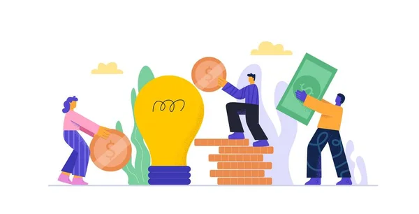 Desenhos animados pessoas colocando dinheiro para bulbo piggy banco investimento em ideia ou negócio startup — Vetor de Stock