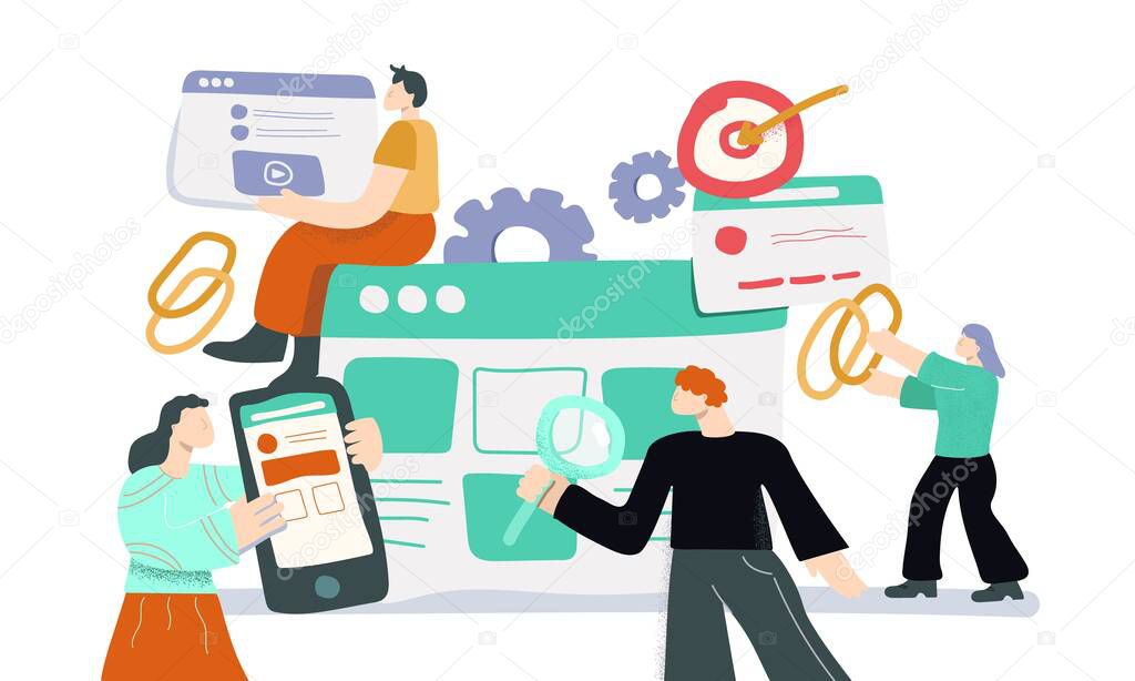 Cartoon people working as team link building development connection vector flat illustration