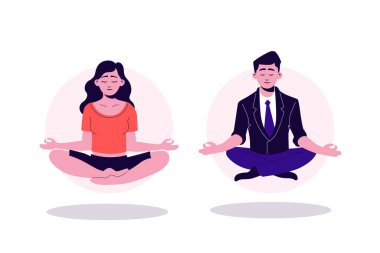 Güzel çizgi film Yogi kadını ve işadamı Lotus pozisyonunda gözleri kapalı oturuyorlar.