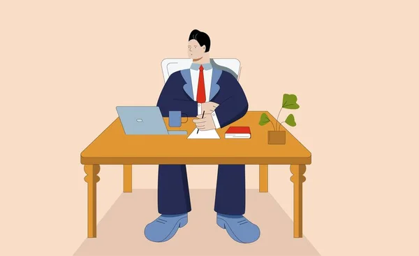 Uomo d'affari dei cartoni animati in tuta che lavora su laptop sul posto di lavoro illustrazione grafica vettoriale — Vettoriale Stock