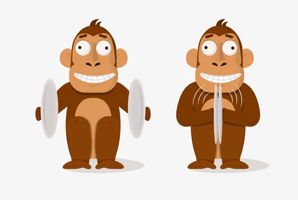 Dwie kreskówki szalony uśmiech małpa gra zespoły talerze wektorowe grafika ilustracja — Wektor stockowy
