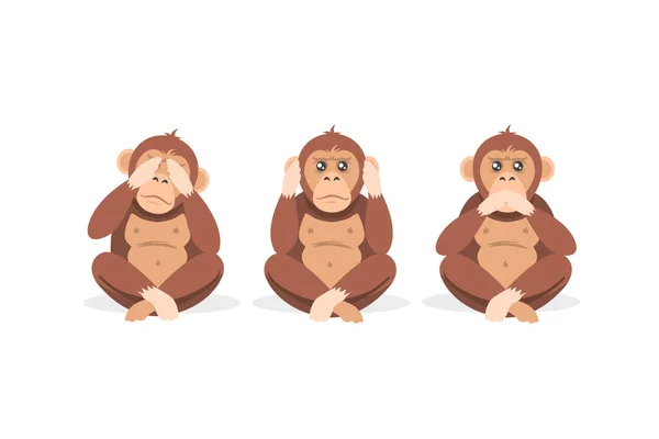 Trois singe dessin animé assis avec les yeux fermés, la bouche et les oreilles isolées sur fond blanc — Image vectorielle