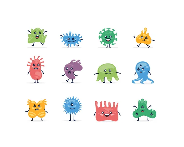 Set van verschillende gekleurde cartoon bacteriële pathogeen schattige microbe geïsoleerd op wit — Stockvector