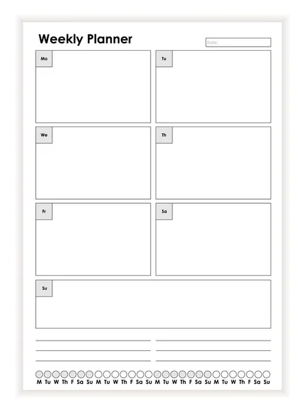 Jednoduché černobílé týdenní plánovač papíru list šablony vektor ploché ilustrace — Stockový vektor