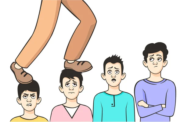 Las piernas de los hombres de negocios de dibujos animados pasan por encima de la cabeza de las escaleras de frustrado hombre vector ilustración — Archivo Imágenes Vectoriales