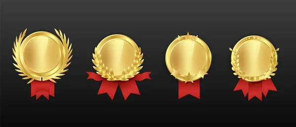 Medalla de premio de dibujos animados de oro con cinta roja aislada sobre fondo negro — Vector de stock