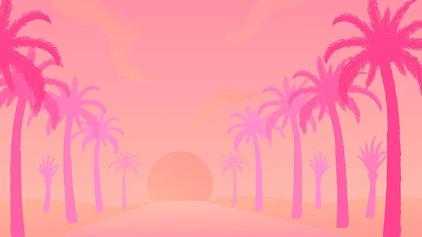 Tropischer Sonnenuntergang mit Palmen, die roh stehen. — Stockvektor