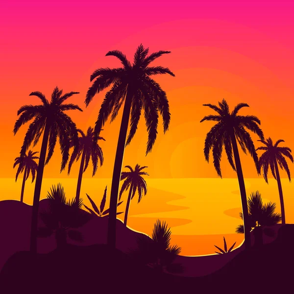 Spiaggia tropicale con palme e oceano con riflesso del sole . — Vettoriale Stock