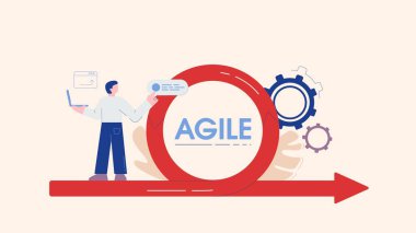 Dizüstü bilgisayarı olan karikatür erkek mühendisi karmaşa geliştirme yaşam döngüsü üzerinde çalışıyor