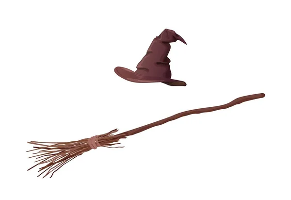 Cartoon brown witch hat and broom isolated on white background — Stock Vector