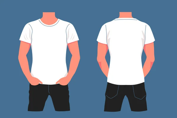 Desenhos animados branco t camisa mockup no corpo masculino vetor gráfico ilustração —  Vetores de Stock