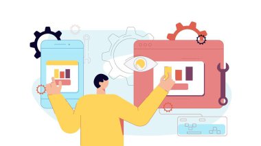 Akıllı telefon ve bilgisayar pc vektörü düz illüstrasyonunun çizgi film erkek geliştiricisi test uygulaması