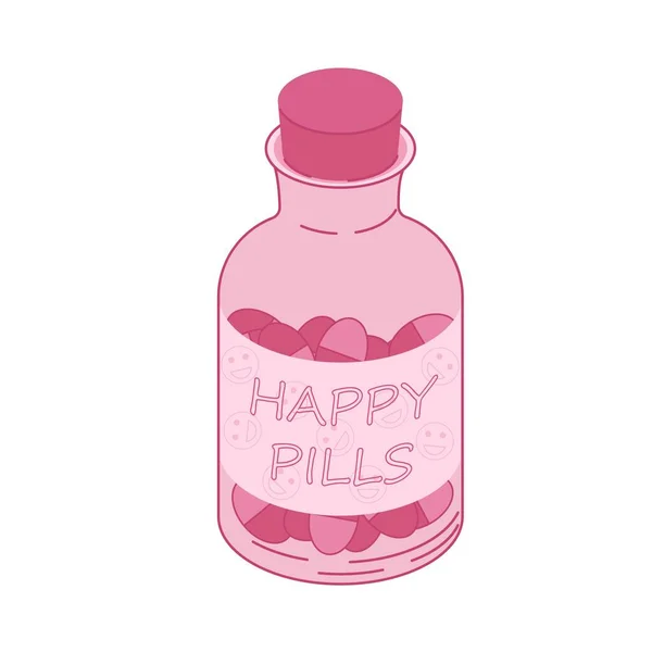 Cartone animato rosa bottiglia trasparente con iscrizione pillole felici isolato su sfondo bianco — Vettoriale Stock