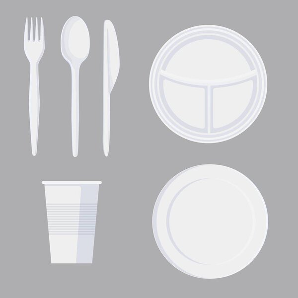 Набор мультипликационной пластиковой посуды в минималистском стиле, изолированный на белом
