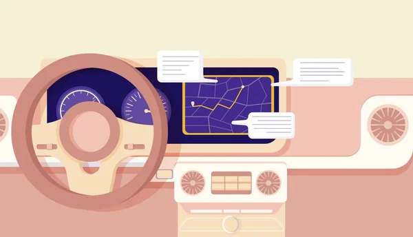 Cartoon samochód nawigacja kokpit infografika smart pomoc jazdy wektor płaska ilustracja — Wektor stockowy