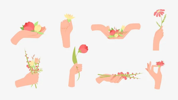 Set menschlicher Hände mit bunten Sommerblumen isoliert auf weißem Hintergrund — Stockvektor
